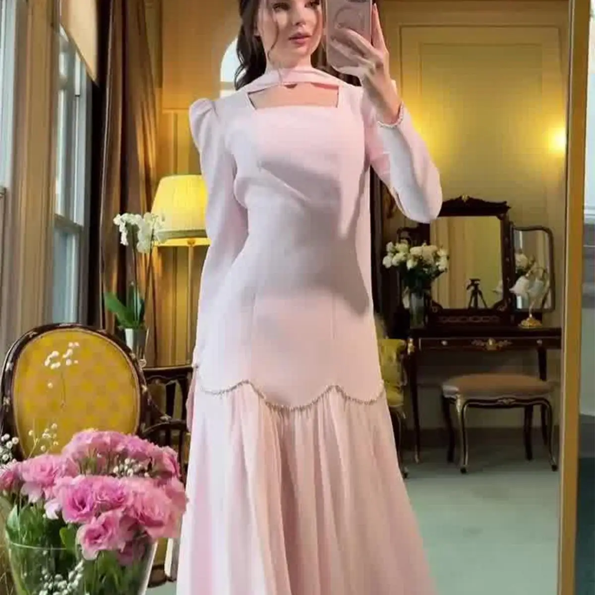 ربيع 2025 اليدوية الماس Embellied طويل Sve Ladylike سليم صالح الدكتور Ele تصميم ملابس غير رسمية منتصف الخصر Sle