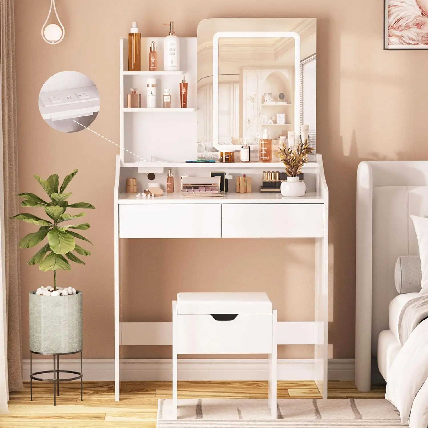 Bedroom Vanity Desk in White Wood, with LED Light Mirror, Charging Station, 4 Storage Shelves and 2 Drawers
