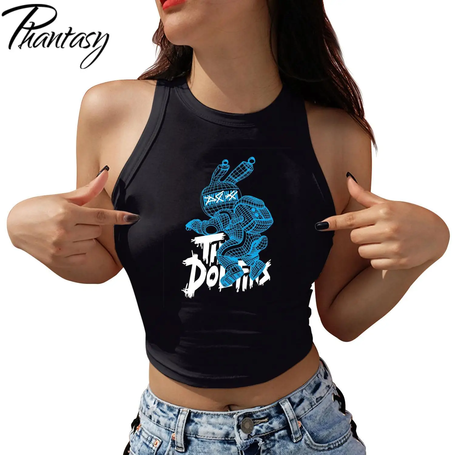 Phantasy Women Vest 3D Mesh Illustration of Rabbit Printed Tops Womens Y2K Summer Sleeveless Black Crop Vest Mujer Tank Top