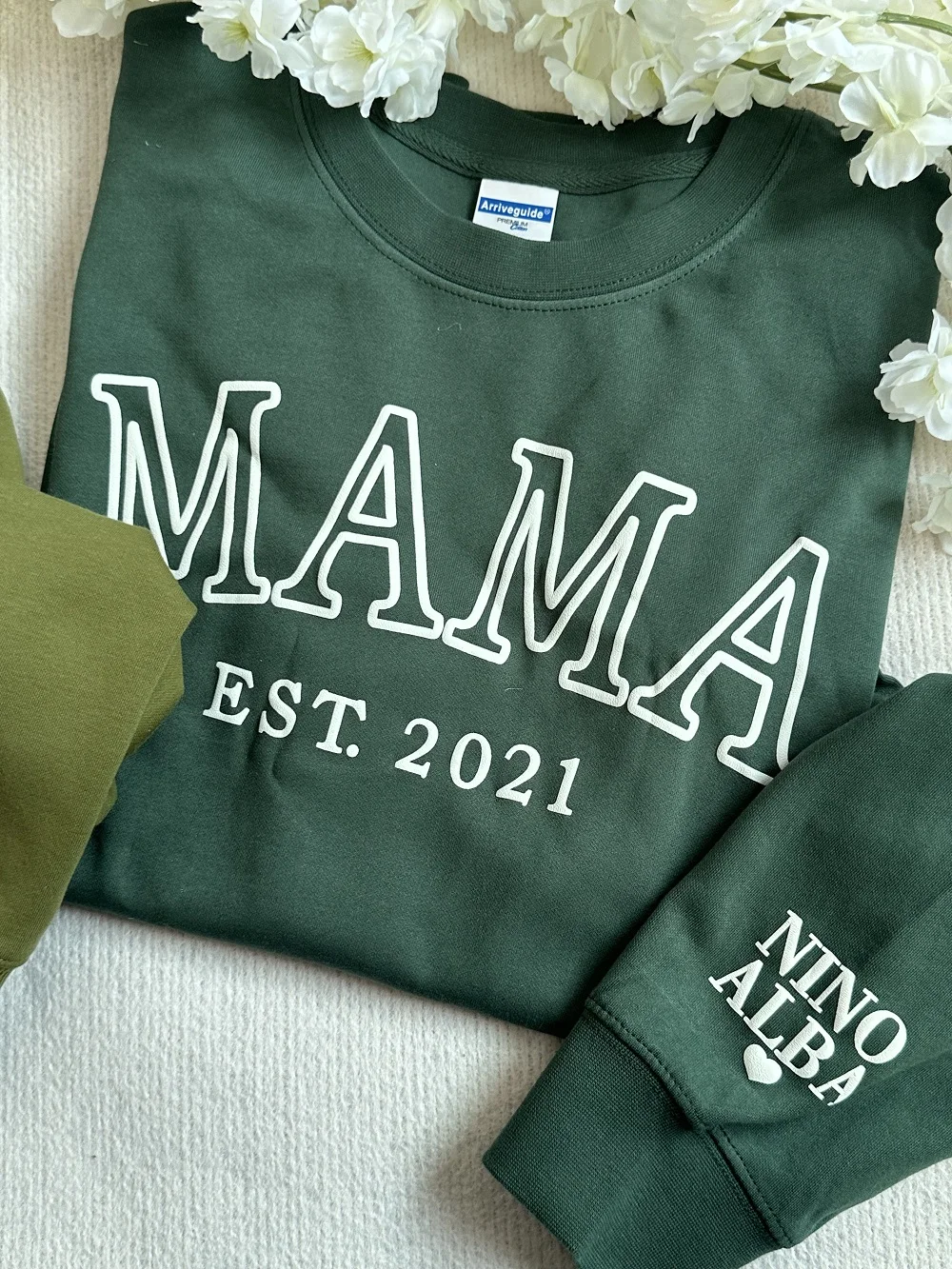 Personalized MAMA EST Year Sweatshirt with Kid Names on Sleeve Minimalist Neckline Sweater Mother Day Gift New Mom Birthday Gift