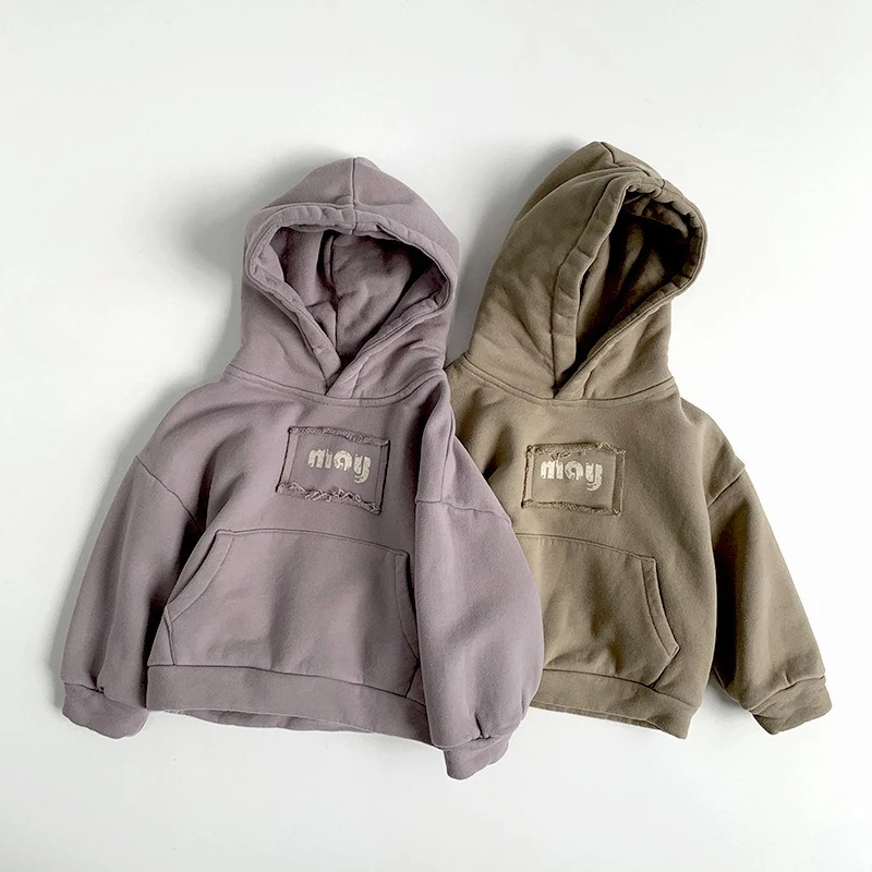 Winter Kids Hoodie Simple Style Solid Boys Thicken Warm Hooded Sweatshirt Fleece Lining Childrens Tops Girls Pullover  1-6T