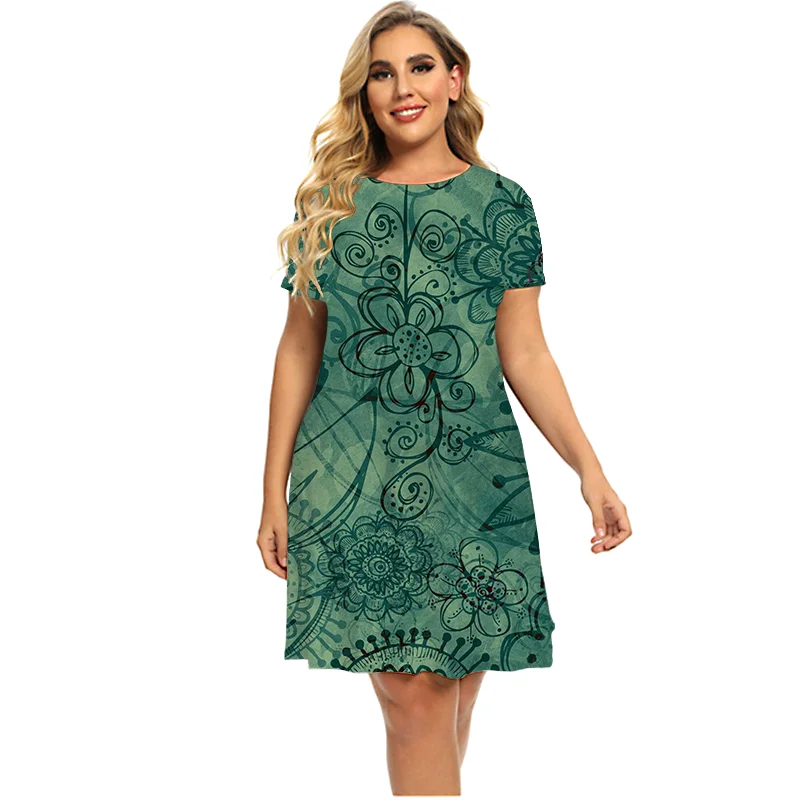 Vestido vintage estilo étnico feminino, vestido estampado em 3D, manga curta, solto, vestido grande para senhoras, tamanho grande, 4XL, 5XL, 6XL, verão, 2022