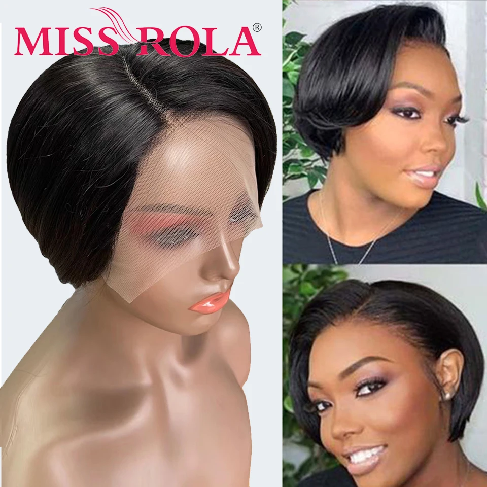 

Miss Rola Brazilian Straight Pixie Cut Wigs 13X5X1 Lace Part Human Hair Wigs Remy Side Part Hair Wig Pre Plucked 180% Density