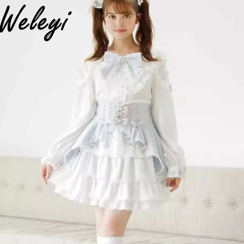 

Japanese Style Lolita Cute Lace Big Bow Shirts for Women 2024 Autumn and Winter Mine Long Sleeve Blouse Woman Roupas Femininas