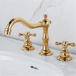 Basin Brass Gold Bathroom Antique Sink Faucet 3 Hole Double Handle Hot & Cold Wash  Water Tap