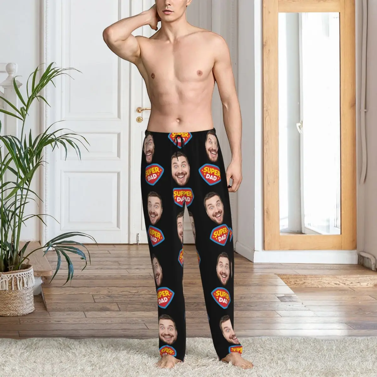 Pantalones de pijama personalizados Super Dad para hombres Diseño de foto de cara personalizada Ropa de dormir con bolsillos