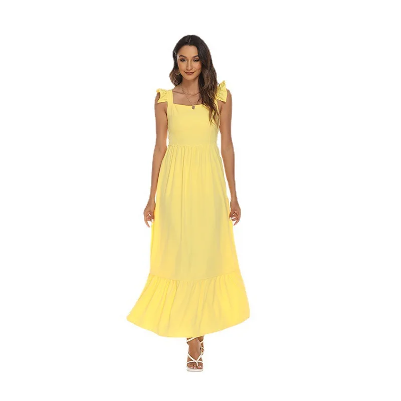 

SKMY Summer 2024 Ladies Evening Dress Sexy Flying Sleeve Solid Color Yellow Long Maxi Dresses For Women Beach Vacation Outfits