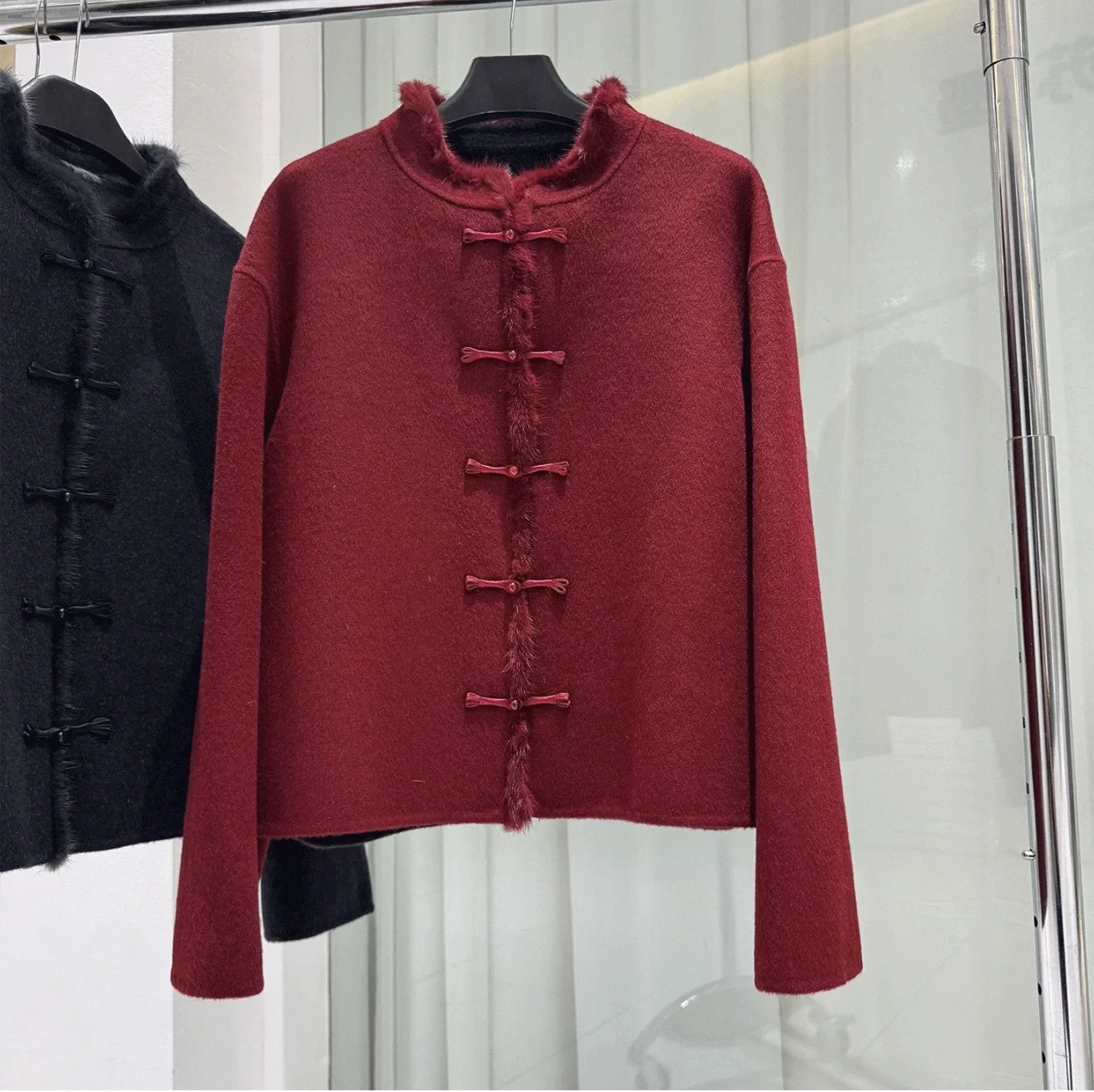 Premium Chinese Style Frog Button Short Double Faced Wool Coat Women Stand Collar Mink Fur Trim Hand Sewn Winter Luxury Outer