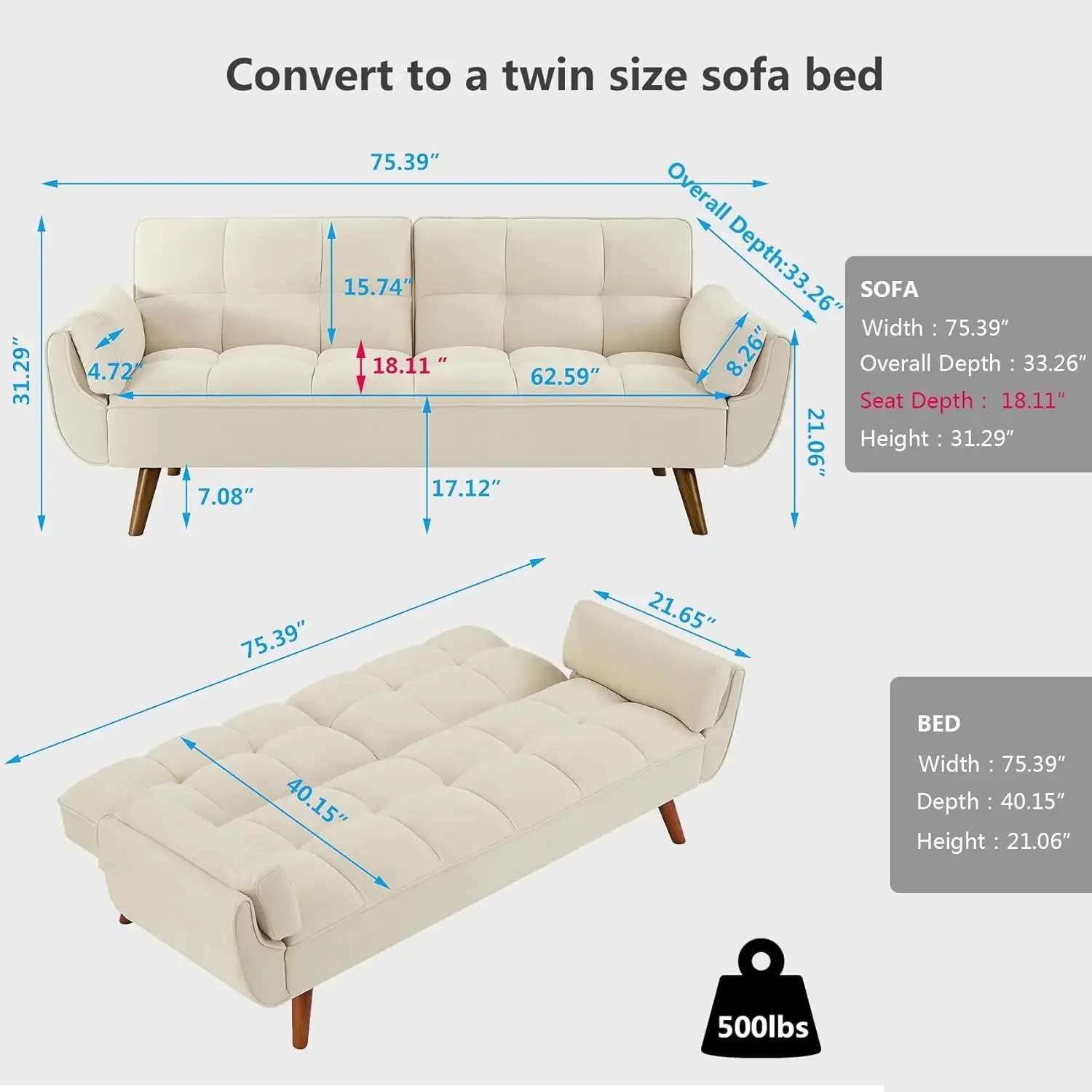 Sleeper Twin Size, Modern Reclining Linen Split Back Sofa Couch with Pillow Top Arm for Compact Living Room,Apartment (Beige)