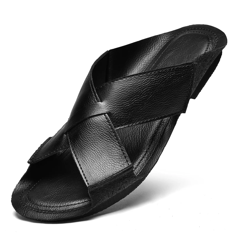 Summer Men Anti Slip Retro Leather Slippers Men Black Brown Slides Slippers Size 37-46 Dropshipping