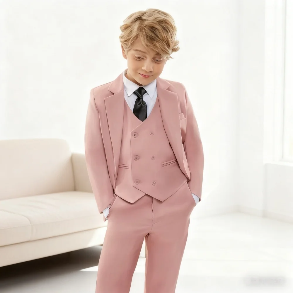 

Chic Solid Notch Lapel Boy's Suit Soft Blush For Boys 4-Piece Suit Modern Formal Ring Boys Includes Blazer Vest Pants