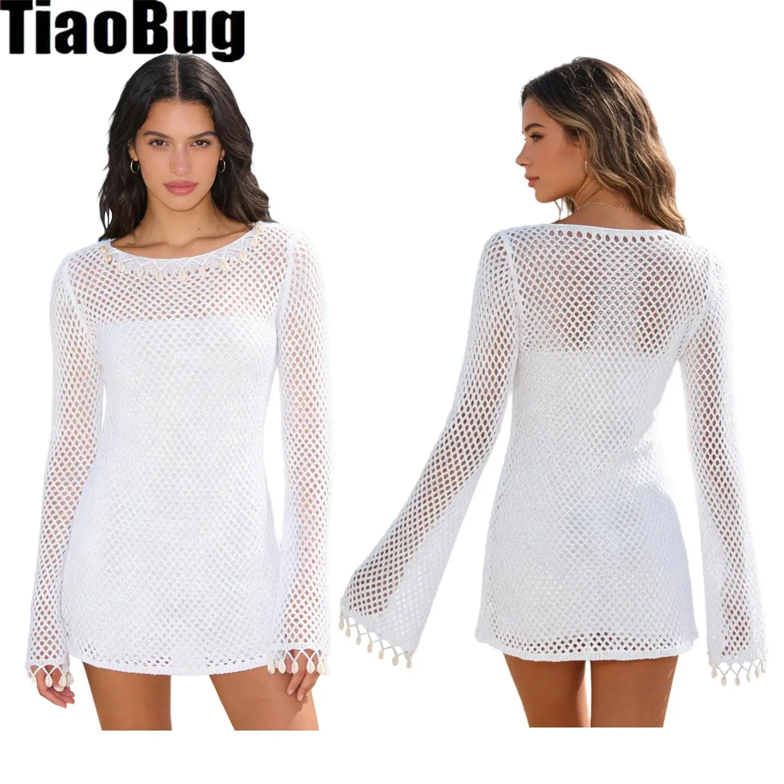 

Womens Fishnet Cover Up Minidress Conch Shell Decor at Neck And Cuffs Hollow-out Knitted Dress Cover-up Beachwear For Vacation