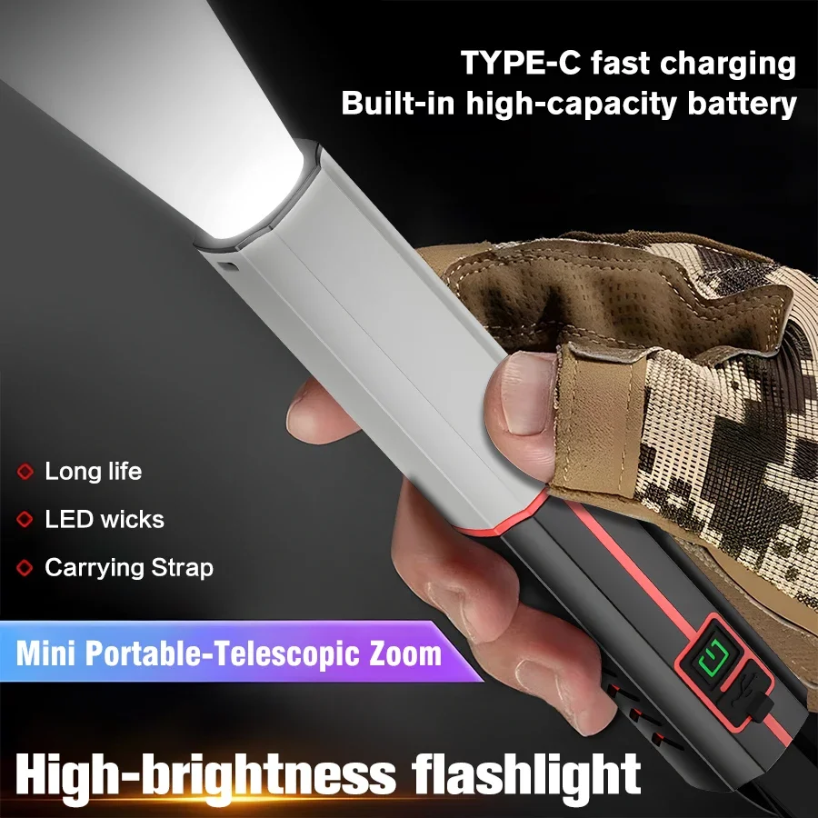 Super Bright LED Flashlight Rechargeable Multifunctional Zoom Torch lamp Outdoor Mini Camping Fishing Emergency Handheld Lantern