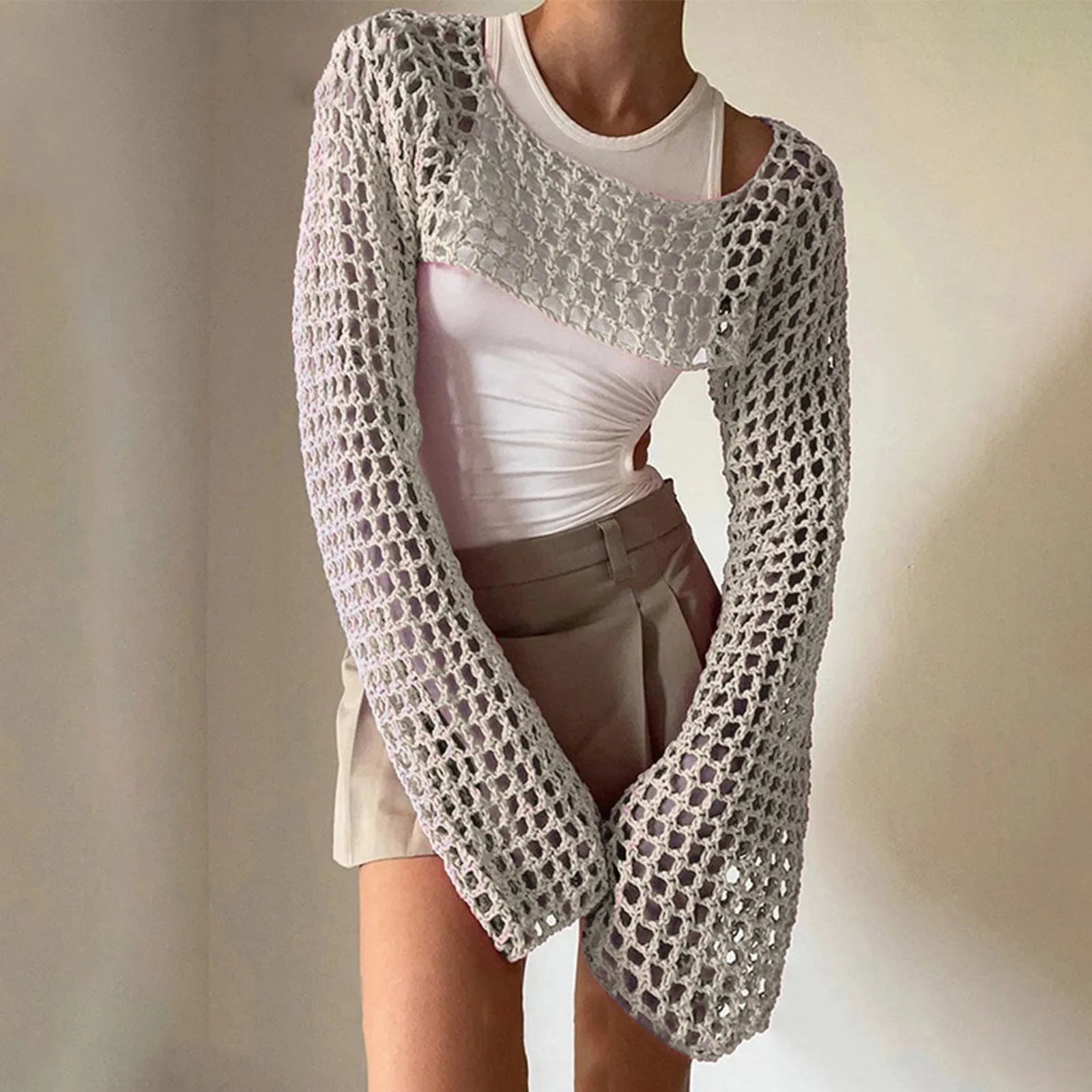 Long Sleeve Crochet Top 2024 Summer New Womens Knitted Crop Top Knitted Mesh Top Green Openwork Beach Smock Y2k Streetwear