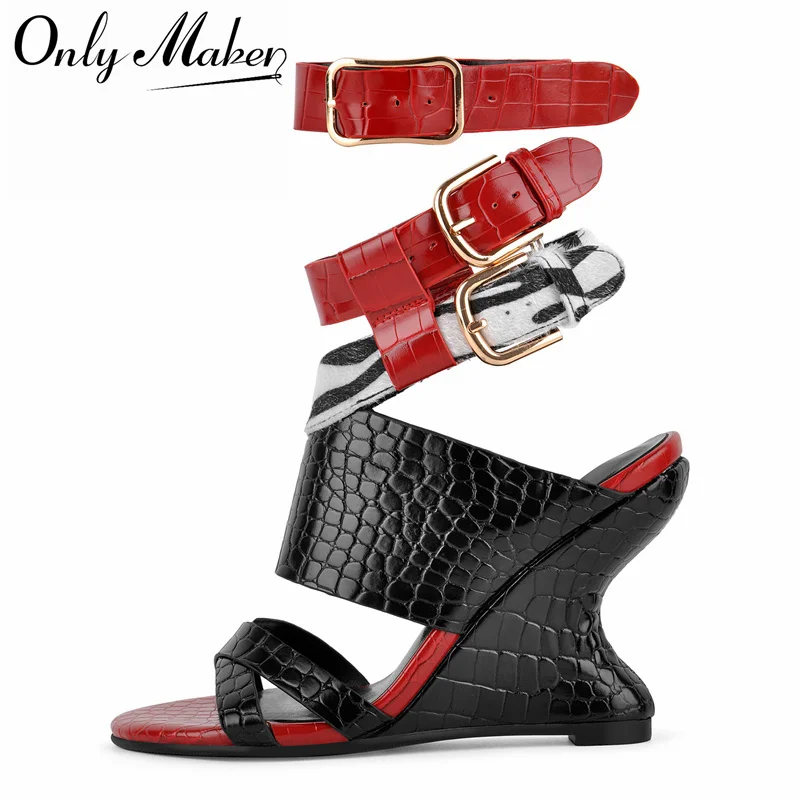 Onlymaker Damen-Sandalen mit offenem Zehenbereich, 10 cm Keilabsatz, Steinriemen und Knöchelriemen, goldene Schnallen, Sommersandalen