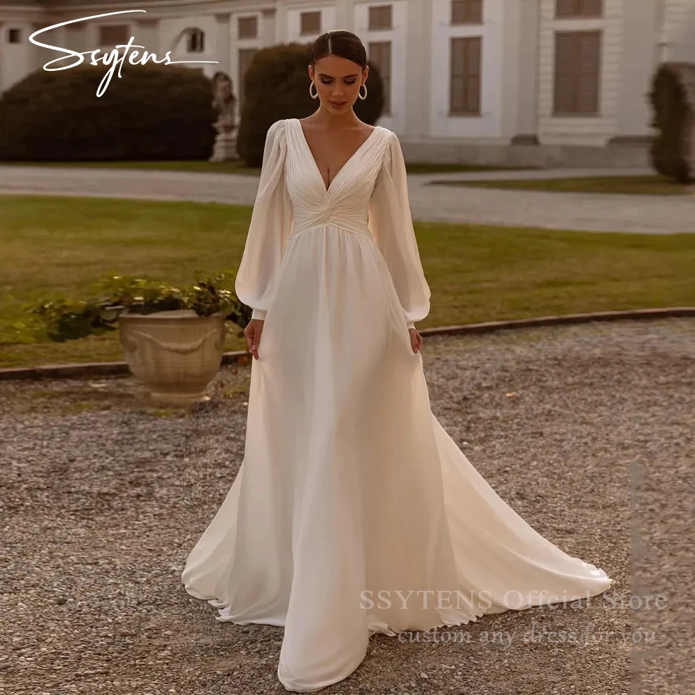 SSYTENS Vintage Chiffon Wedding Dresses Ivory Modest Beach Bride Dress V Neck Long Sleeves Classic Bridal Gowns Plus Customized