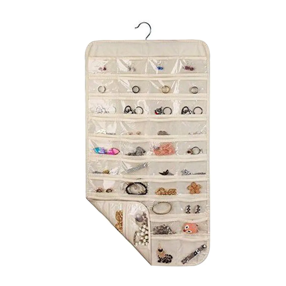 Jewelry Hanging Bag Organizer Double-Sided Closet Wall Holder 80 Pockets Transparent PVC Metal Hanger Jewelry Storage Solution