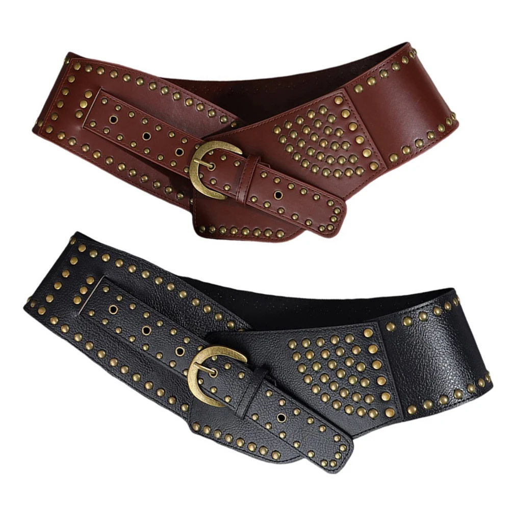 Waistband Rivet Asymmetric Faux Leather Wide Waist Belt Big Stretch Cummerbunds Adjustable Corset Belt Metal Rivet Studded Belt