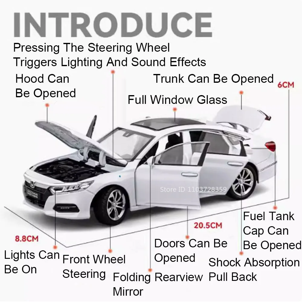1:24 هوندا أكورد نموذج سيارة اللعب سبيكة دييكاست الصوت ضوء الأبواب مفتوحة التراجع امتصاص الصدمات لعبة سيارة هدايا للطفل