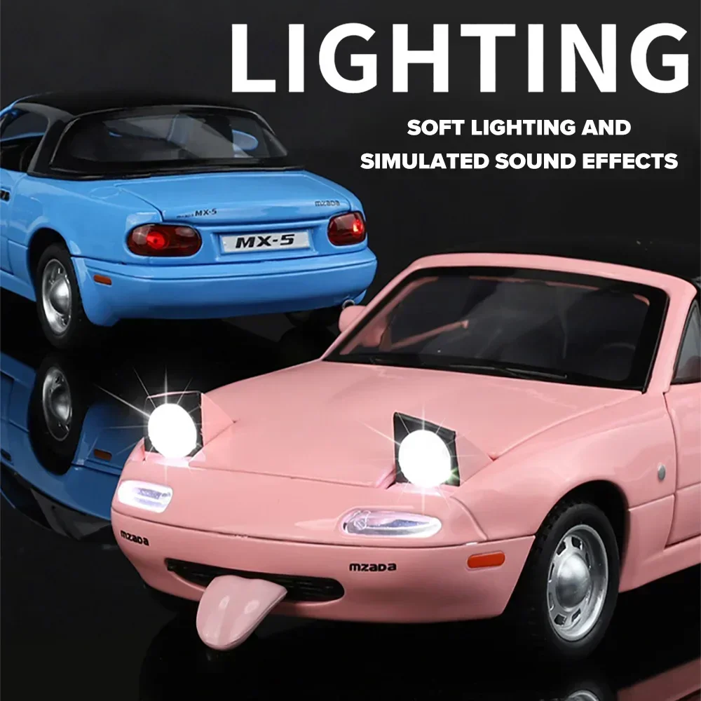 1/24 Mazda MX-5 Model Car Toy Alloy Diecast 4 Doors Opened Shock Absorption Sound Light Pull Back Vehicle Collection Kids Gifts