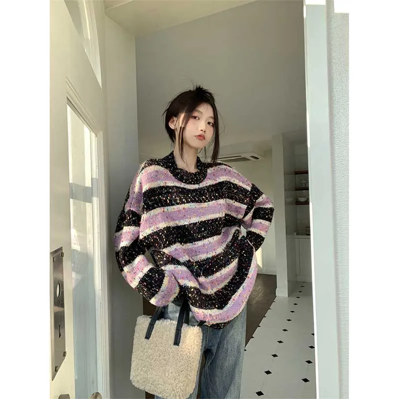 Sweet O-Neck Casual Color Striped Sweaters Female Clothing 2023 Autumn Winter Oversized All-match Pullovers Korean Tops