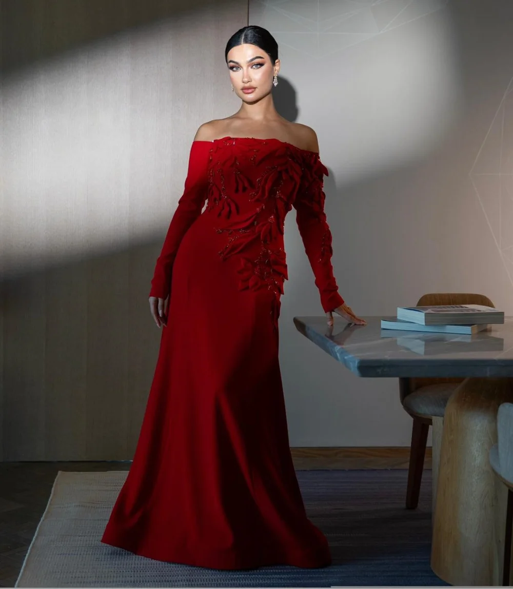 Customized Simple Jersey Pleat Flower A-line Off-the-shoulder Long Dresses Celebrity Bespoke Occasion High Quality