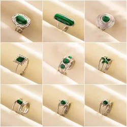 Retro Green Silver Color Opening Adjustable Ring Classic Pentagram Petal Sun National Ellipse Stainless Steel Rings Couple Gifts