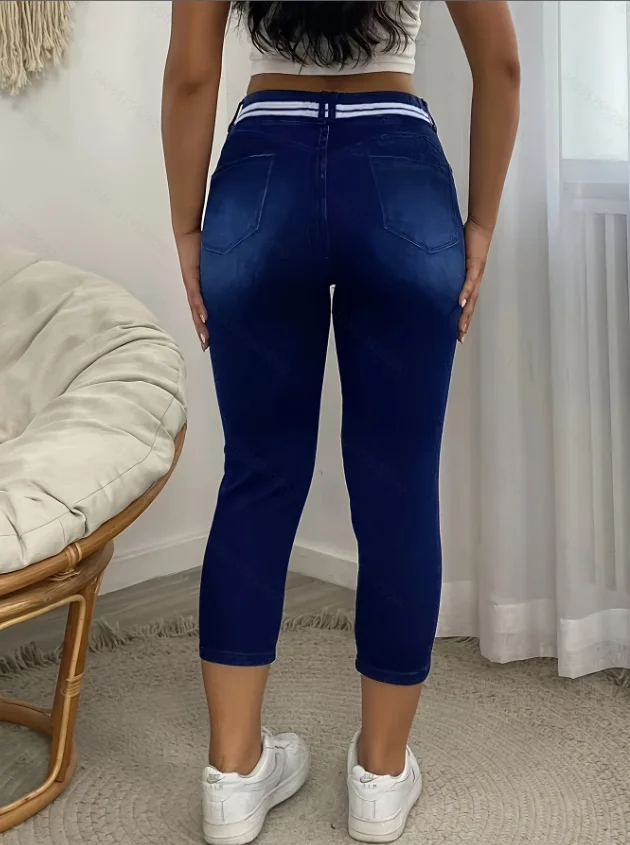 Dark Blue High-Stretch Drawstring Jeans to Calf Length