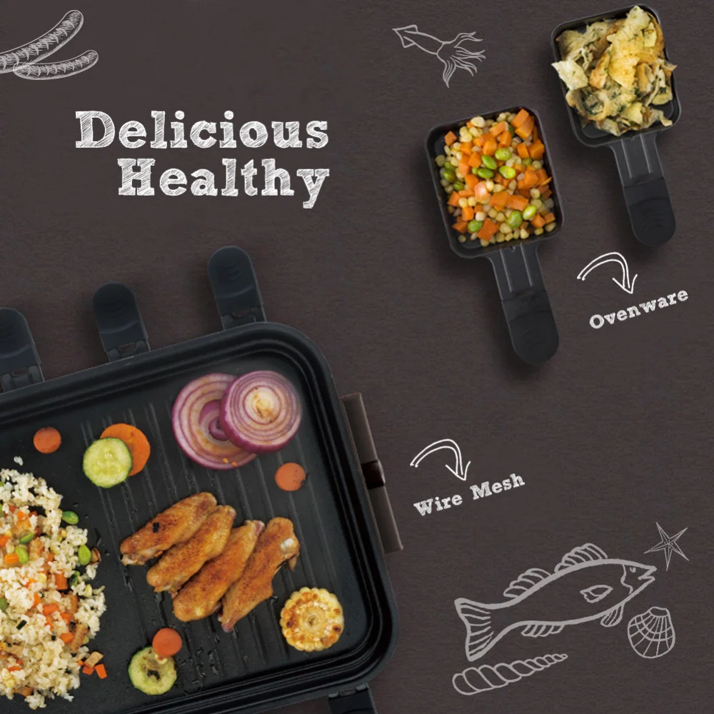 

Raclette Grill 8 People Non-stick Coated Adjustable Temperature Fast Heating Stepped Plate to Prevent Oil Ideal for Party Cooker
