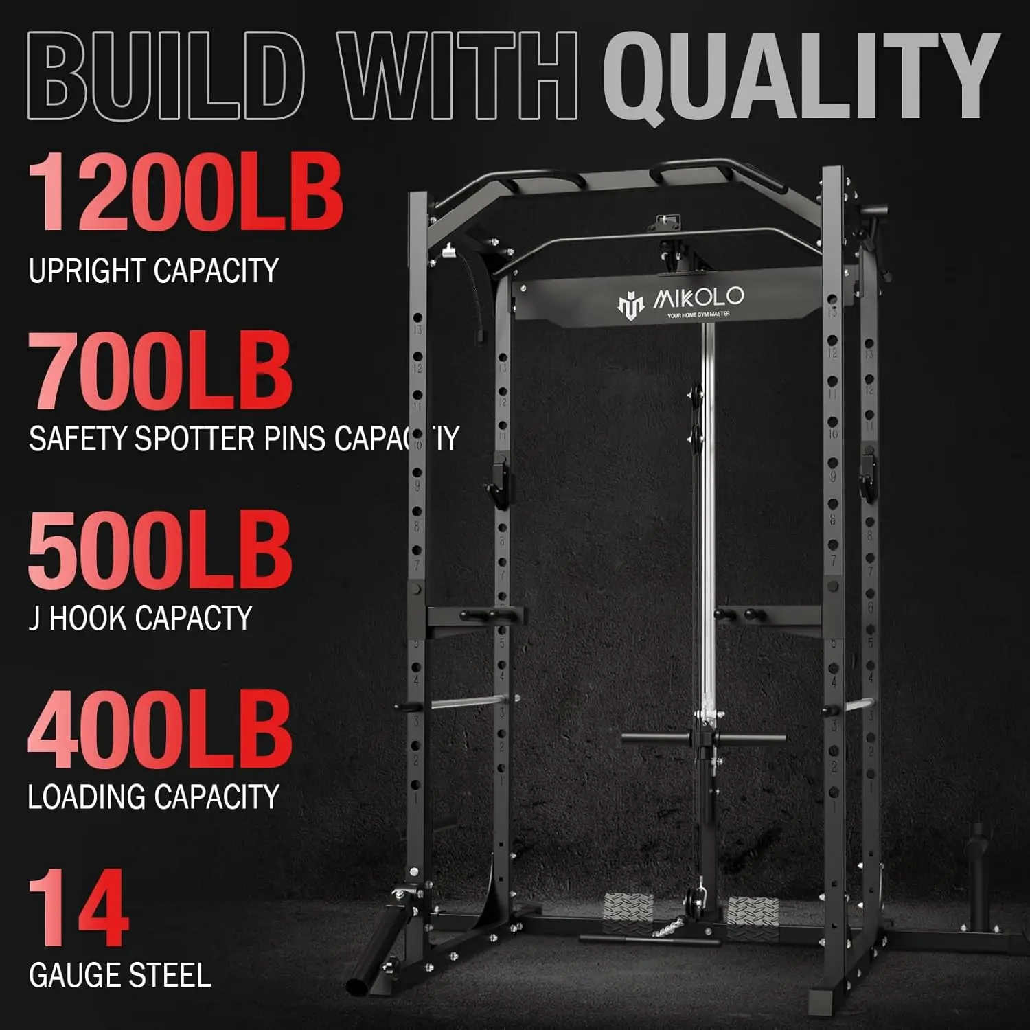 Mikolo Power Cage, Power Rack with LAT Pulldown, 1200 Pounds Capacity Workout Cage with More Training Attachments, Squat