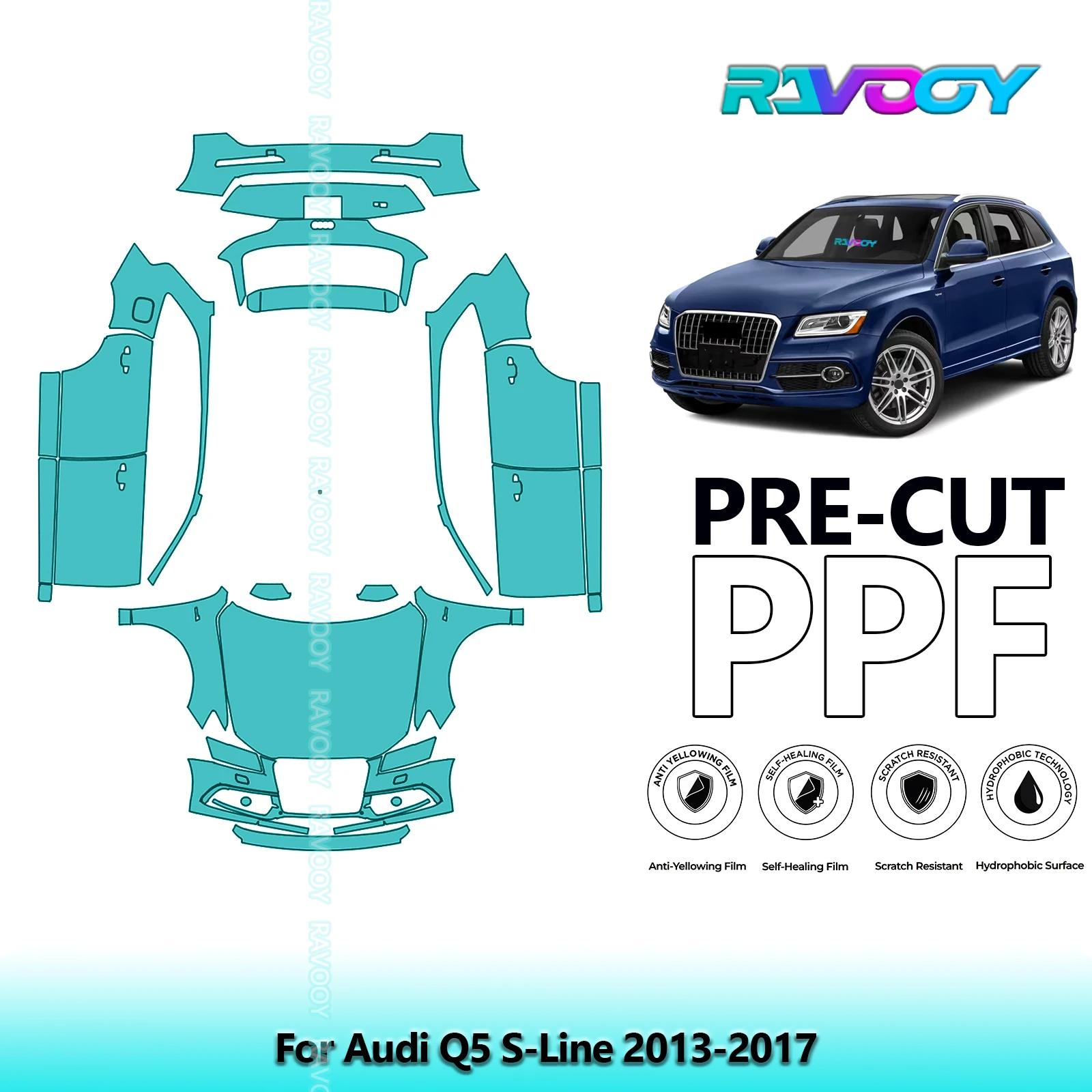 RAVOOY Custom-Fit Precut TPU PPF Full Vehicle Clear Bra Stone Guard EU UK For Audi Q5 S-Line 2013-2017