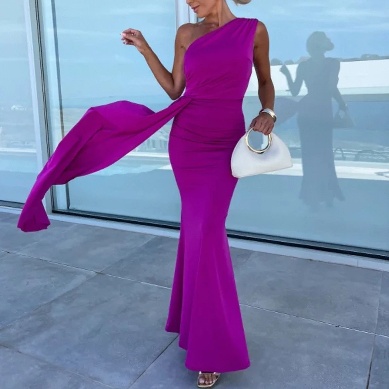 Robe moulante asymétrique Sexy pour femmes, couleur unie, élégante, épaules dénudées, ruban enveloppant les hanches, robe de loisirs plissée, robe de Banquet pour femmes