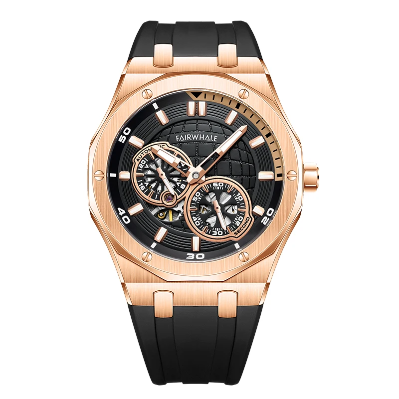 Earth Design Rose Gold Automatic Mechanical Wrist Watches Men Waterproof Skeleton Top Brand reloj