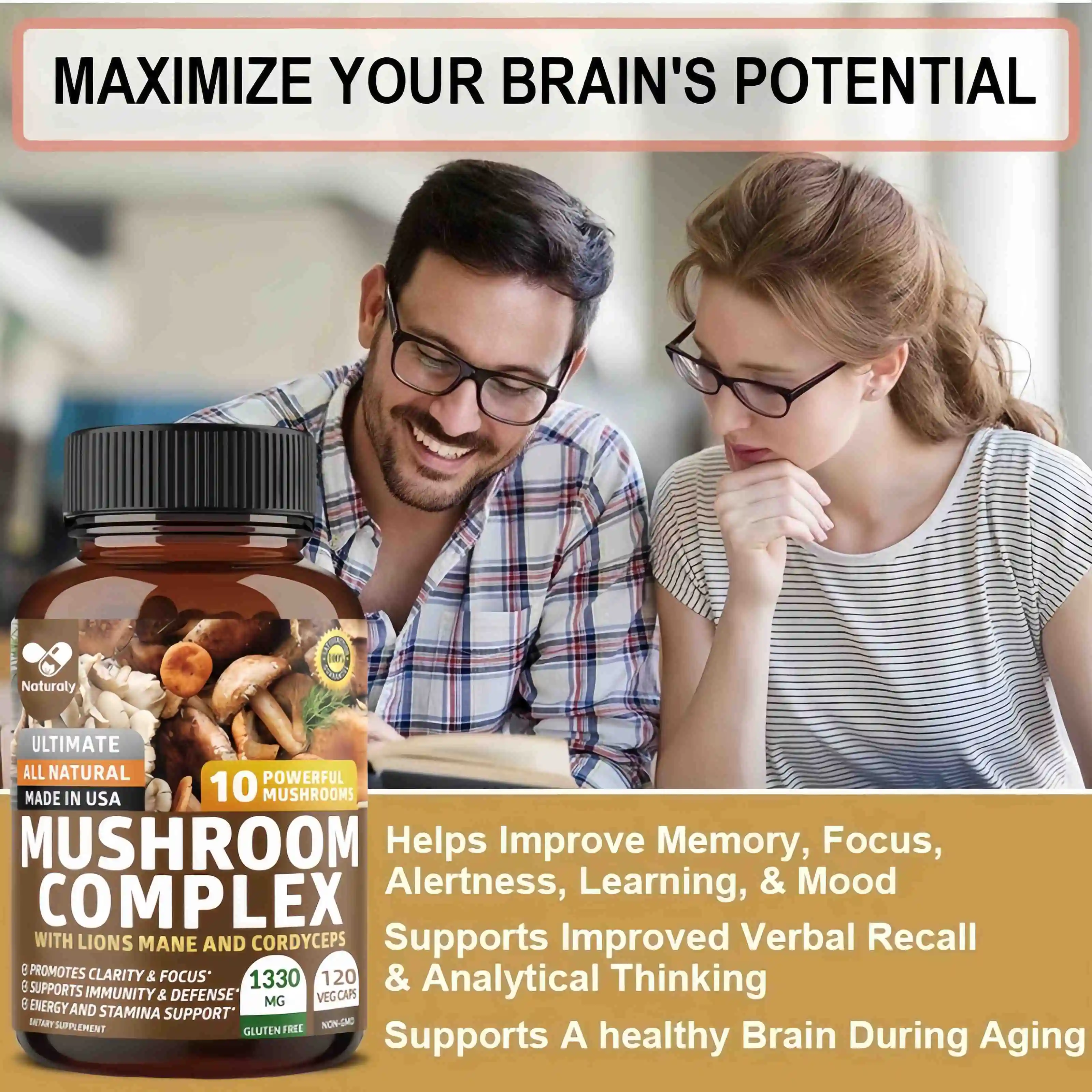 Original Mushroom Complex Capsules with Lions Mane Chaga Cognitive Brain Function Stress Relieves Beauty Health Diet Supplement