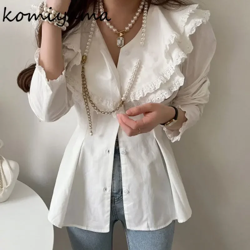 Komiyama Laciness Collar Blusas Mujer Pleated Tunic Shirts Blouses Elegant Chic Fungus Shirt Tops Spring New Clothes Women