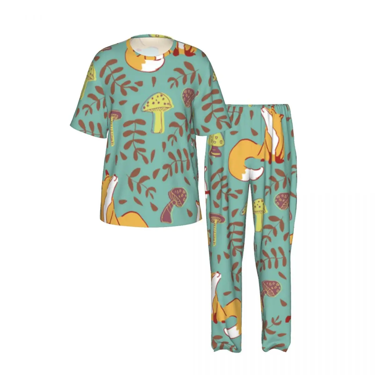 Men Pajamas Set Cute Fox Mushroom Leave Pattern Short Sleeve Spring Summer Lounge Sleepwear Male Nightwear