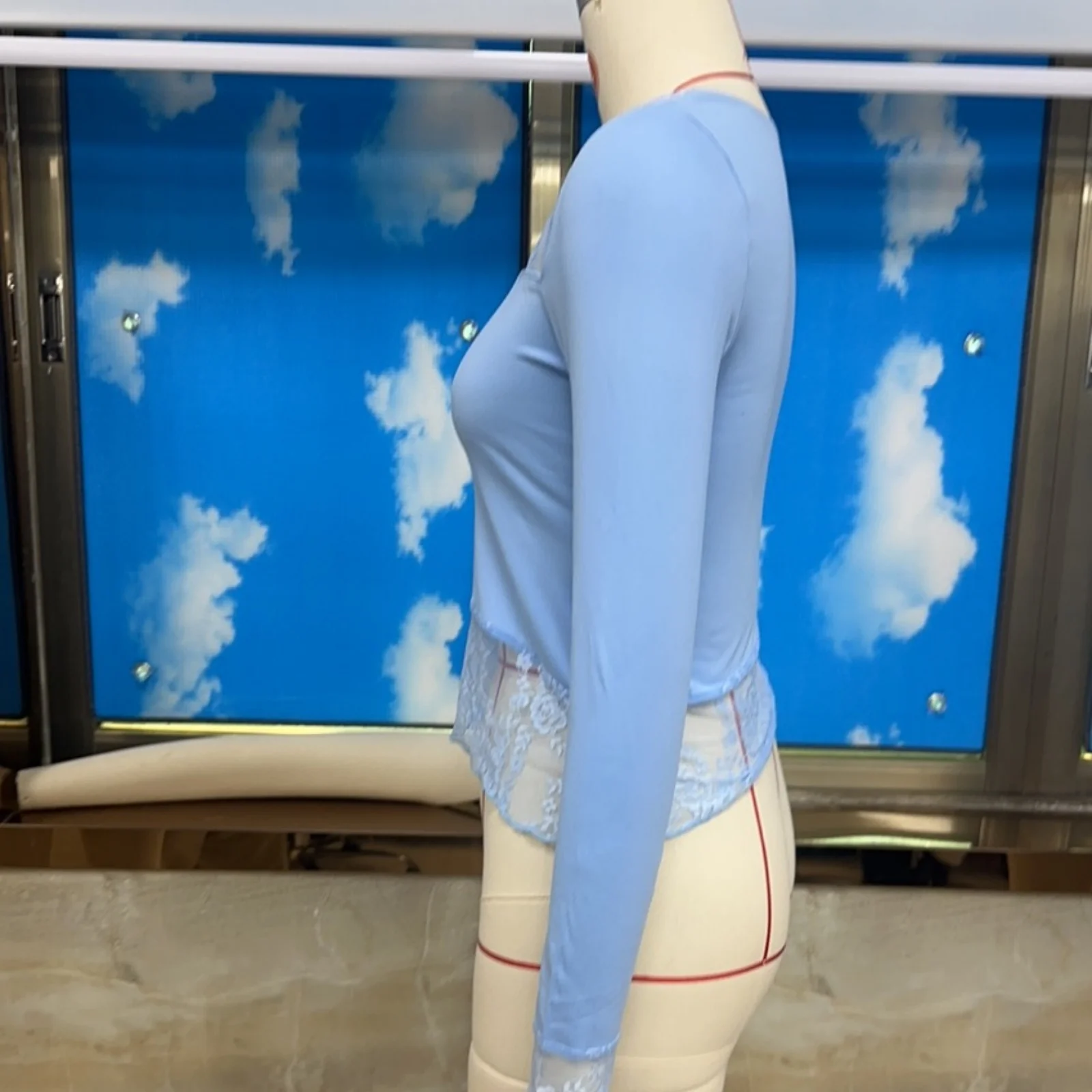 Spring Fall Solid Color T-shirt for Women Long Sleeve Square Neck Lace Patchwork Slim Fit Ladies Crop Tops Streetwear