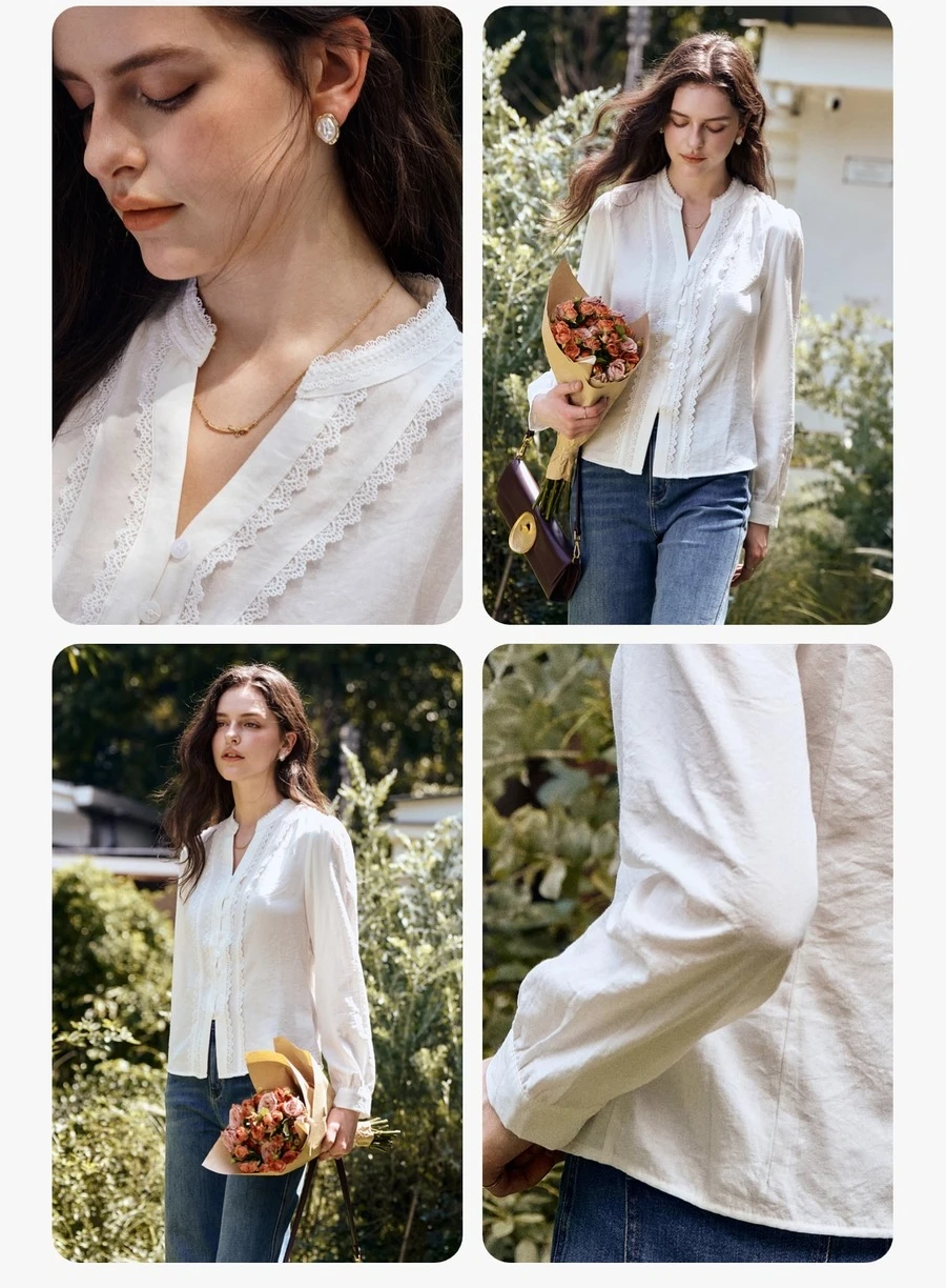 OLrain الفرنسية أنيقة طويلة الأكمام قميص أبيض الخريف 2025 جديد فضفاض شيك بلوزة مزاجه تخفيف الخامس الرقبة قميص M57QC000111