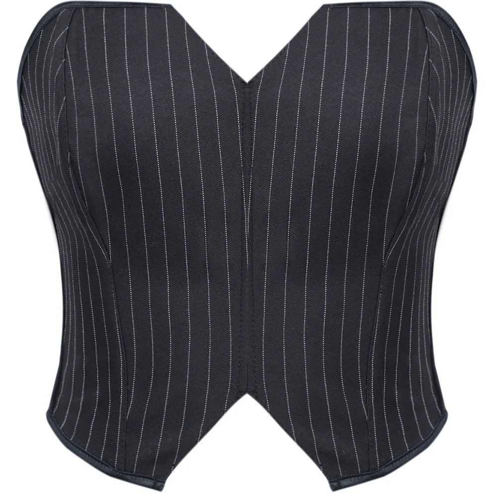 Women Pinstripe Strapless Corset Top Sexy Bustier Back Lace Up Waist Cincher Irregular Hem Party Tube Top