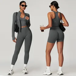 Seamless Matching Gym Set Women Yoga Set with jacket Workout Tracksuit Fitness Active Wear Sport I Shaped Vest Push Up Shorts