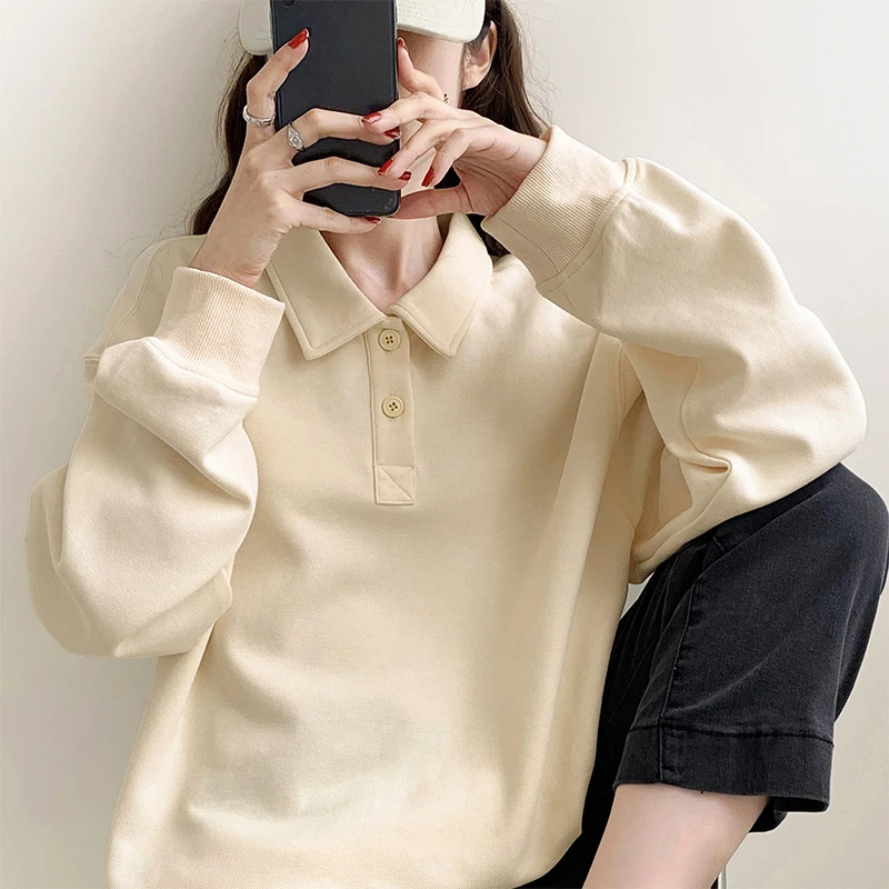 Vintage Lapel Collar Loose Sweatshirt Women New Spring Autumn Korean Style Casual Pullovers Women Solid Long Sleeve Hoodie