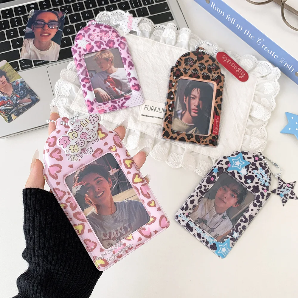 Cartoon PVC Leopard Star Transparent Pendant Card Holder Student 3 Inch Kpop Photocard Display Case Bus Card Pouch