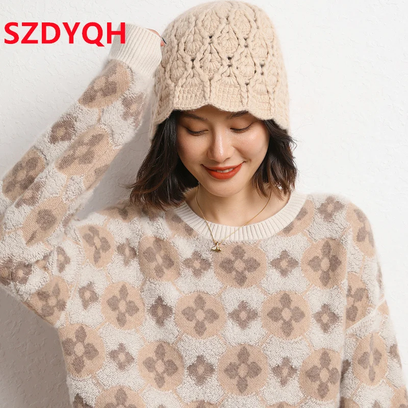 2023 Autumn Winter New Women Hats 100% Pure Cashmere Knitted Headgears Soft Warm Fashion Thick Cap 3 Colors High Quanlity