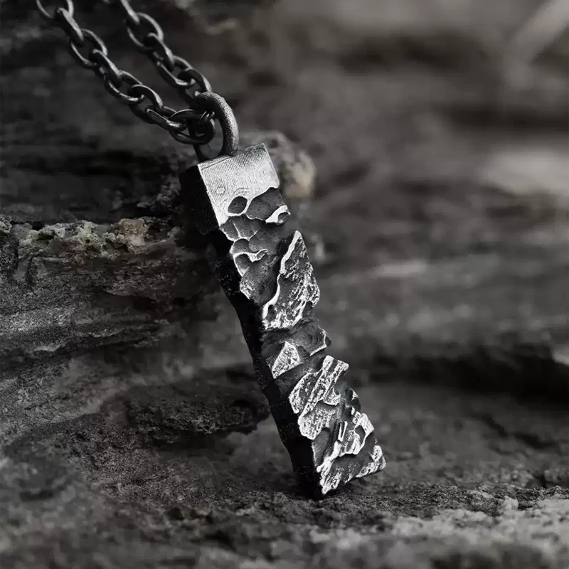 Original handmade Viewing Mountains Men's 999 Sterling Silver Necklace - High-End Niche Retro Black Pendant with Designer Vibe