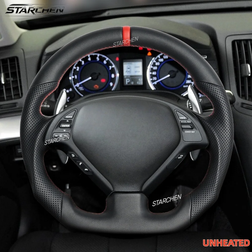 Full Leather Steering Wheel, Flat Bottom Perforated Leather Grip Steering Wheel Fit for Infiniti G37 G37X 2007-2013/G35 2007-2008 (Non-heated)