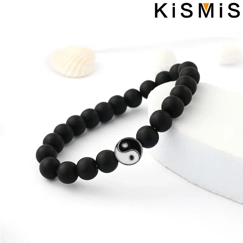 مسافة جديدة كلاسيكية الحجر الطبيعي أبيض أسود يين يانغ سوار مُزين بالخرز للرجال والنساء أفضل صديق هدية #5