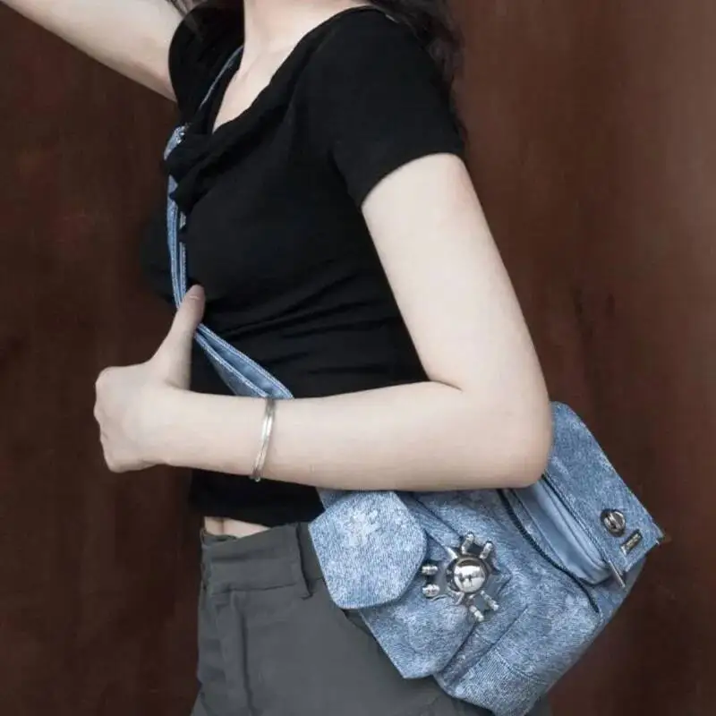 Bloom High Street Denim Shoulder Purse Women Hot Girl Large Capacity Casual Crossbody Bags Female Retro Handbag Aesthetic