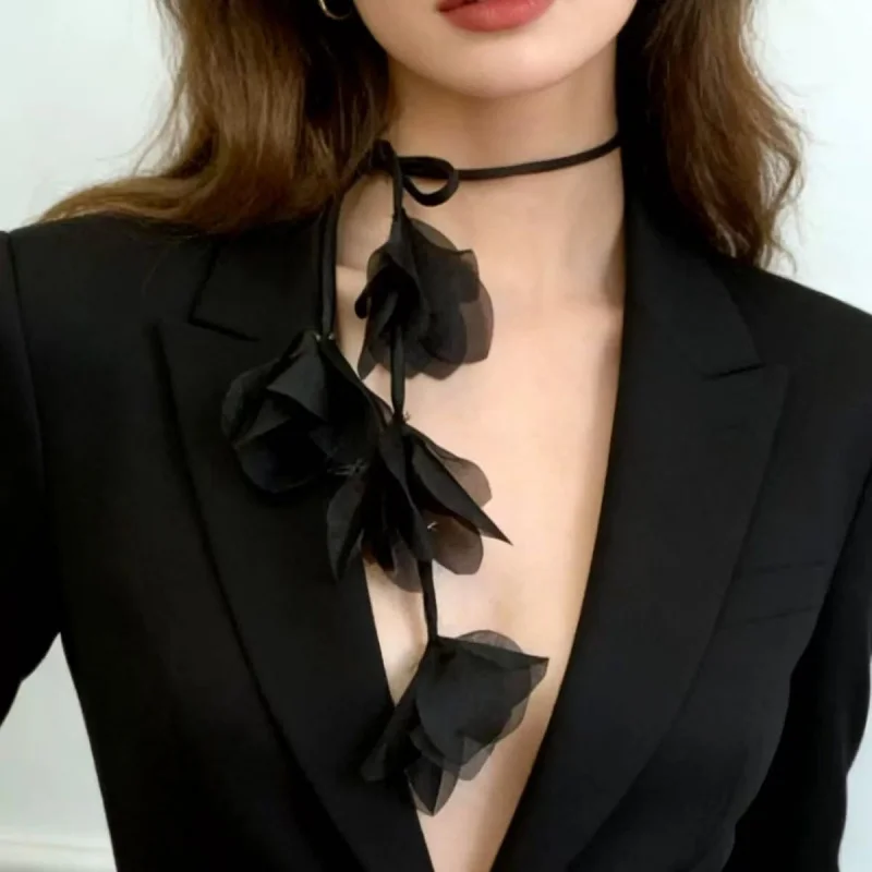 Black Butterfly Choker, Handmade Floral Petals, Multi-layer Decor, Dual Function Hair Tie & Neck Jewelry