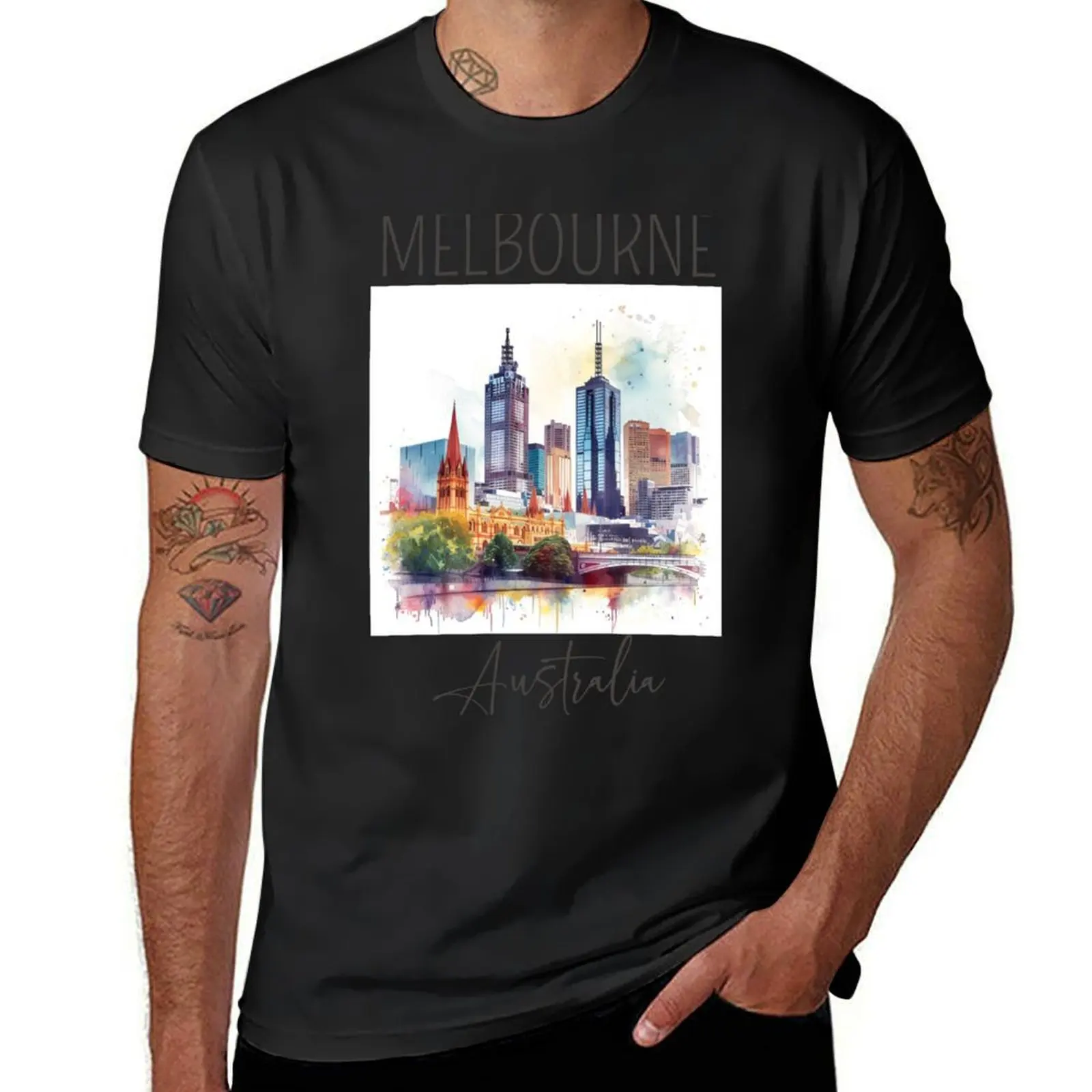 Watercolor Design of Melbourne - Australia T-Shirt sports fans plus sizes blanks T-shirt men