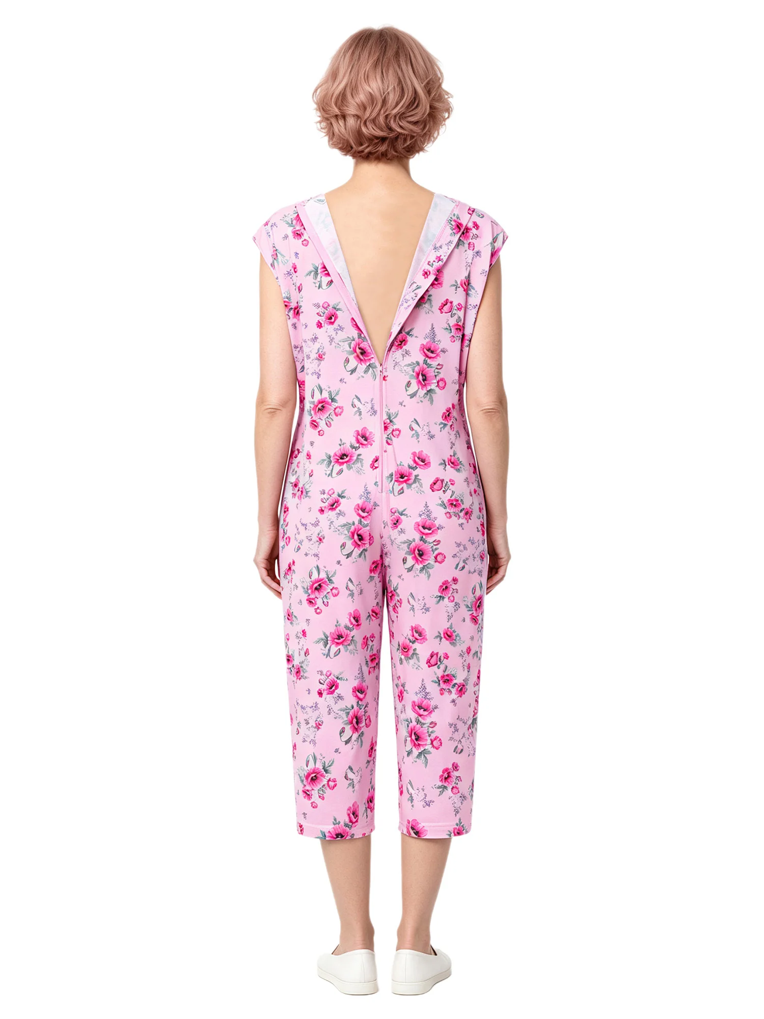 Women V Neck Sleeveless Adaptive Jumpsuit Sleepwear Print Soft Breathable Cotton for Elderly Hospital Care Incontinence